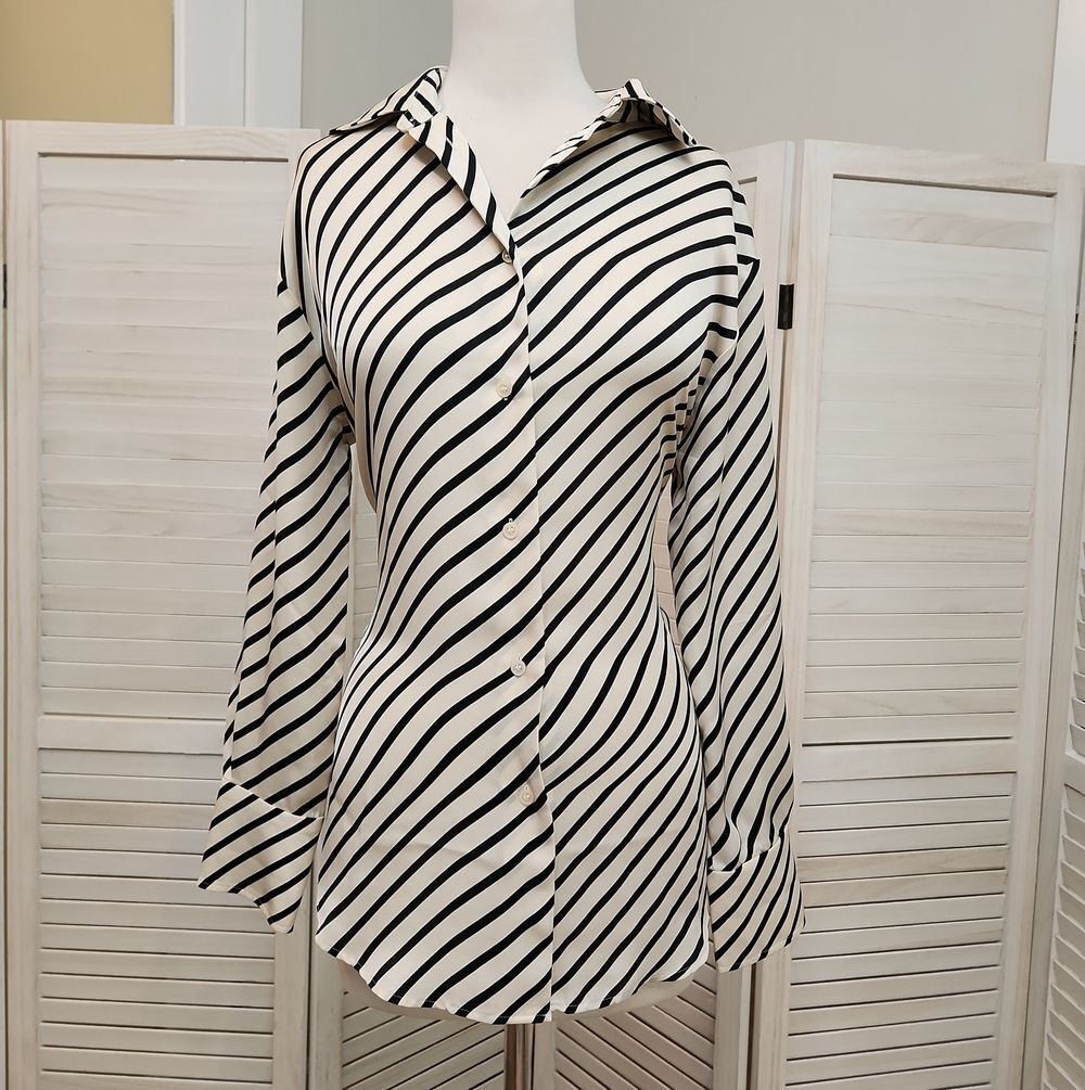 H&M Black & Off White Diagonal Stripe Button-Up Shirt Oversized